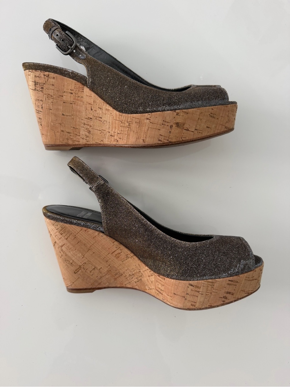 Stuart Weitzman Cork Wedge Slingback Peep Toe Shoes Bronze Metallic Size 7.5M - Picture 3 of 12